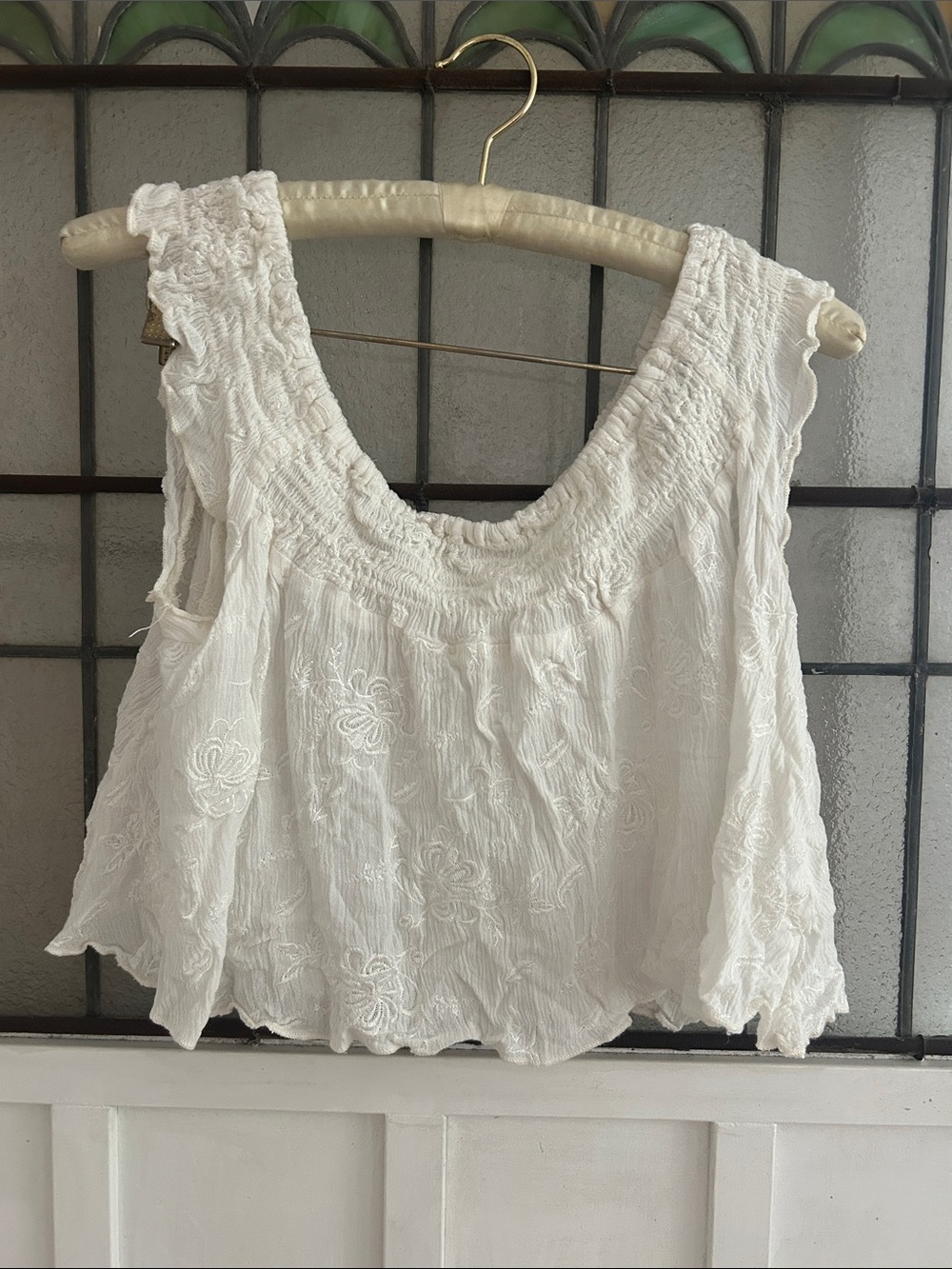 Flynn Skye White Embroidered Smocked Scoop Neck crop